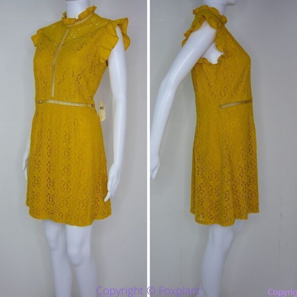 NEW Altar'd State mustard yellow lace dress with ruffle neck , L - Picture 7 of 14